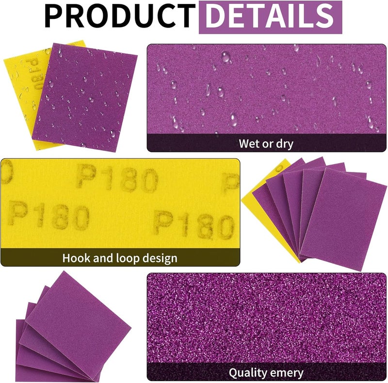 Shineboc 3 x 4 Inch Hook and Loop Sanding Sponge Purple Alumina Abrasive Sanding Pads Flexible Softback 150/180/220/320/400 Grit Wet or Dry Sand Paper Reusable Hand Sanding Block for Wood Metal Drywall, 20Pcs - Image 3